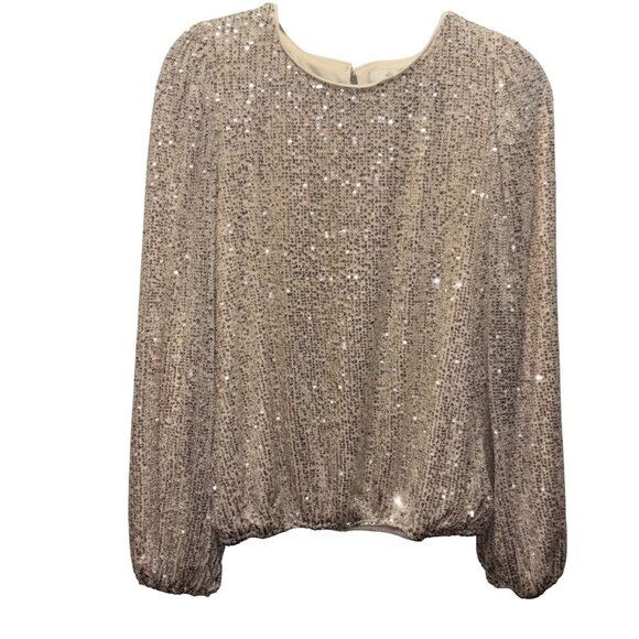 Anthropologie Flat White Sequin Long-Sleeve Top Size L Petite Keyhole Back - Picture 1 of 9